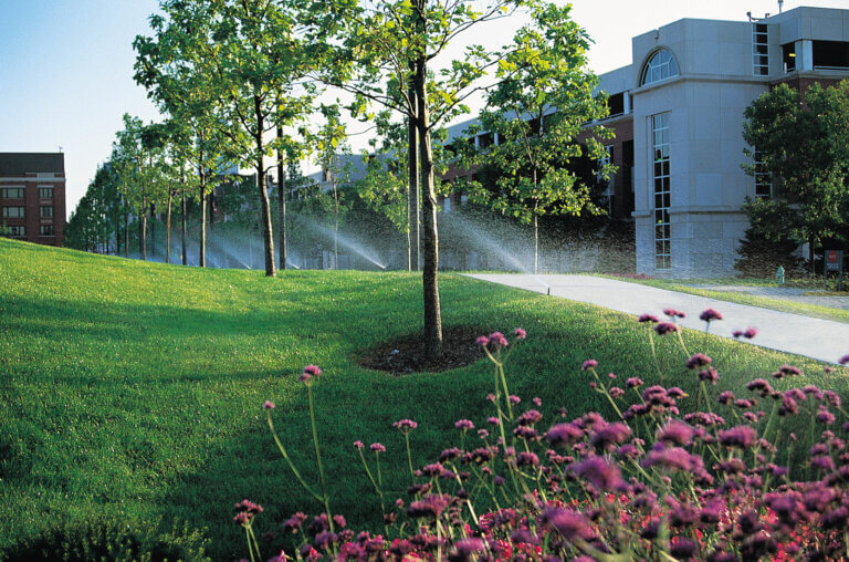 Spray heads sprinkling a beautiful landscape