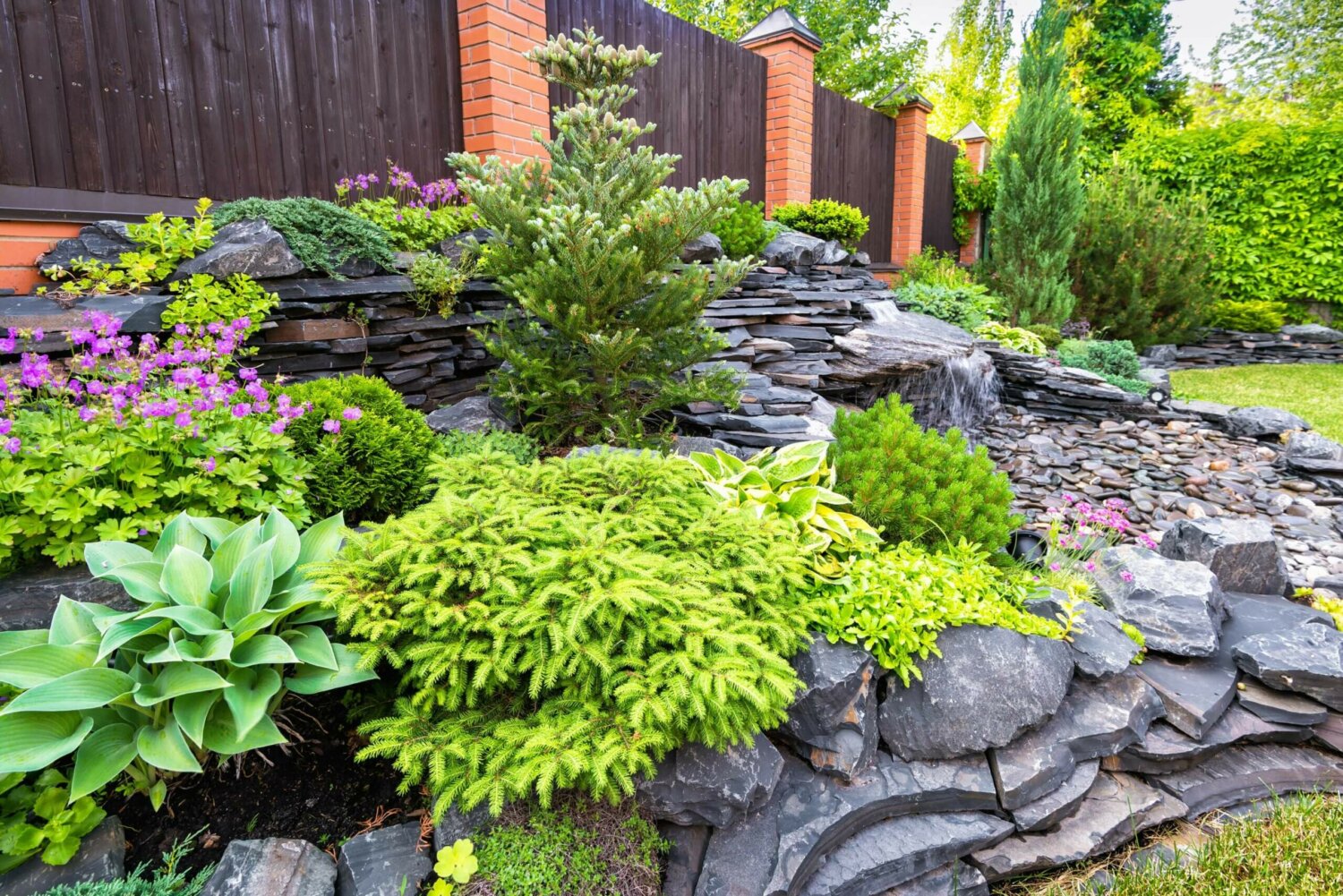 Beautiful landscape with tiered levels of rock and plants growing out of it