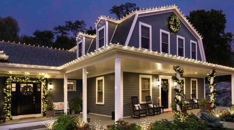 Christmas lights adorned on a beautiful home